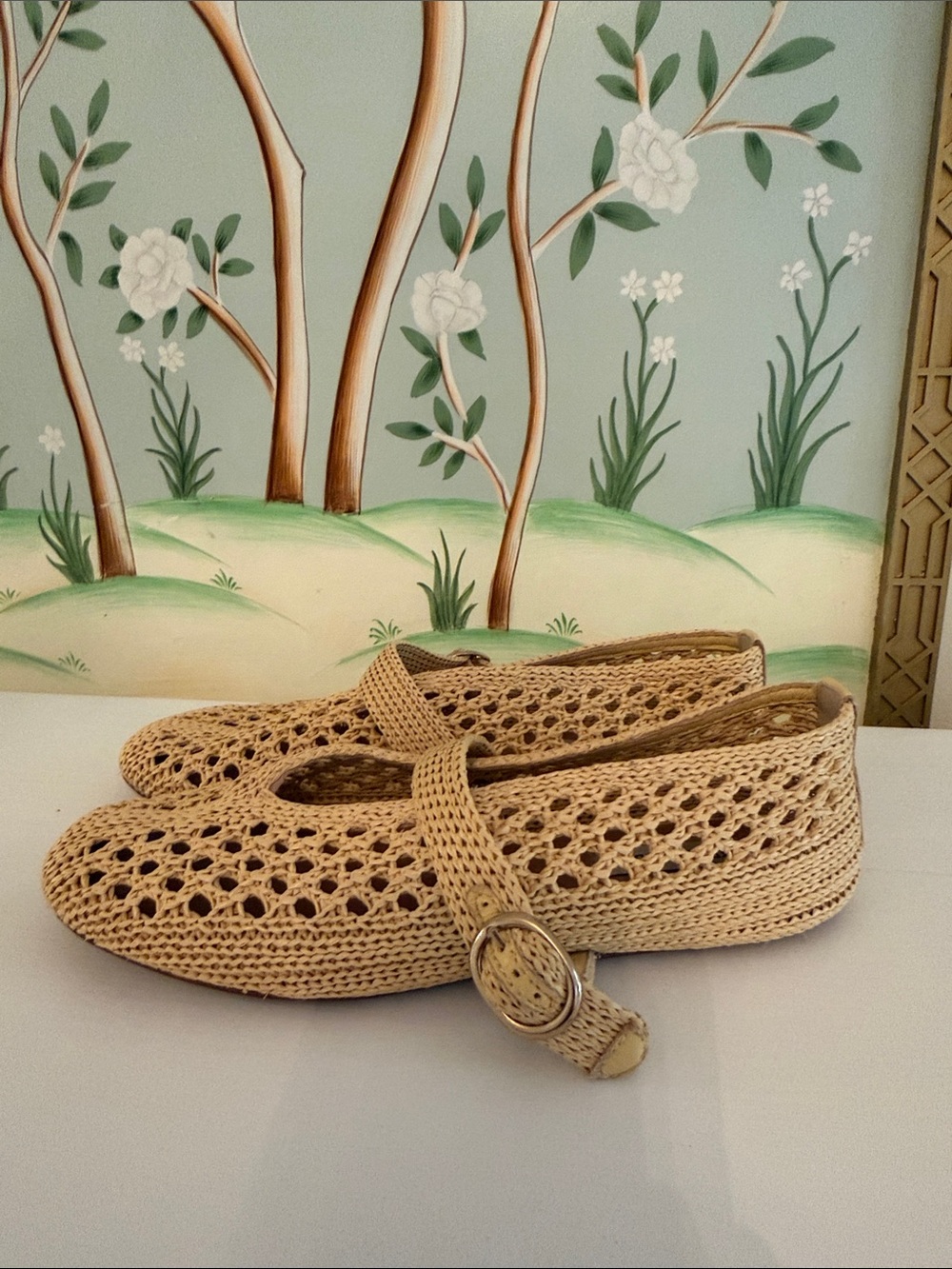 Women's Woven Mary Jane Flats in Natural Beige